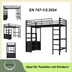 Loft Bed 90x200cm with Desk, Outlets & Shelves, Black Iron