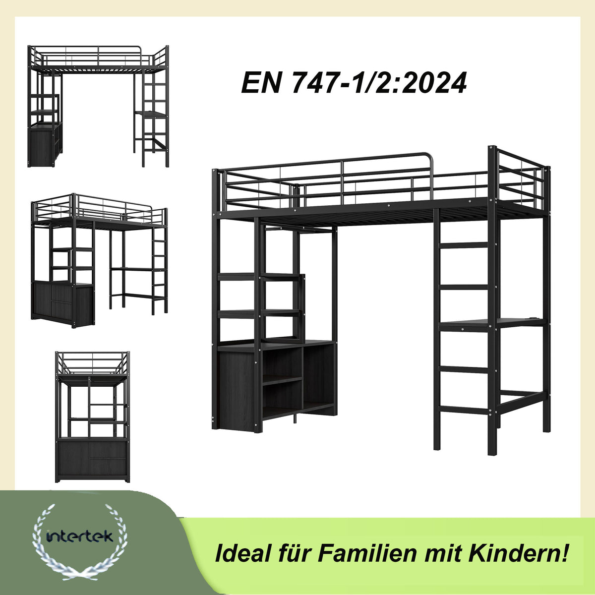 Loft Bed 90x200cm with Desk, Outlets & Shelves, Black Iron