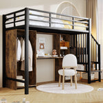 Loft Bed 90x200 cm with Wardrobe, Desk & Storage, Black Iron Frame