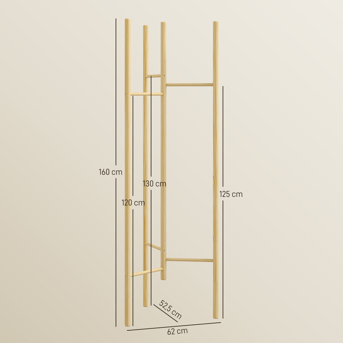 Coat Rack, 6 Hanging Rods, Solid Wood, Natural