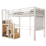 Loft Bed with Safety Ladder and Storage Area, 90x200cm, White Iron Frame