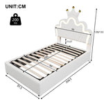 Upholstered Bed 90x200cm Hydraulic Storage LED Crown Adjustable Headboard - PU White