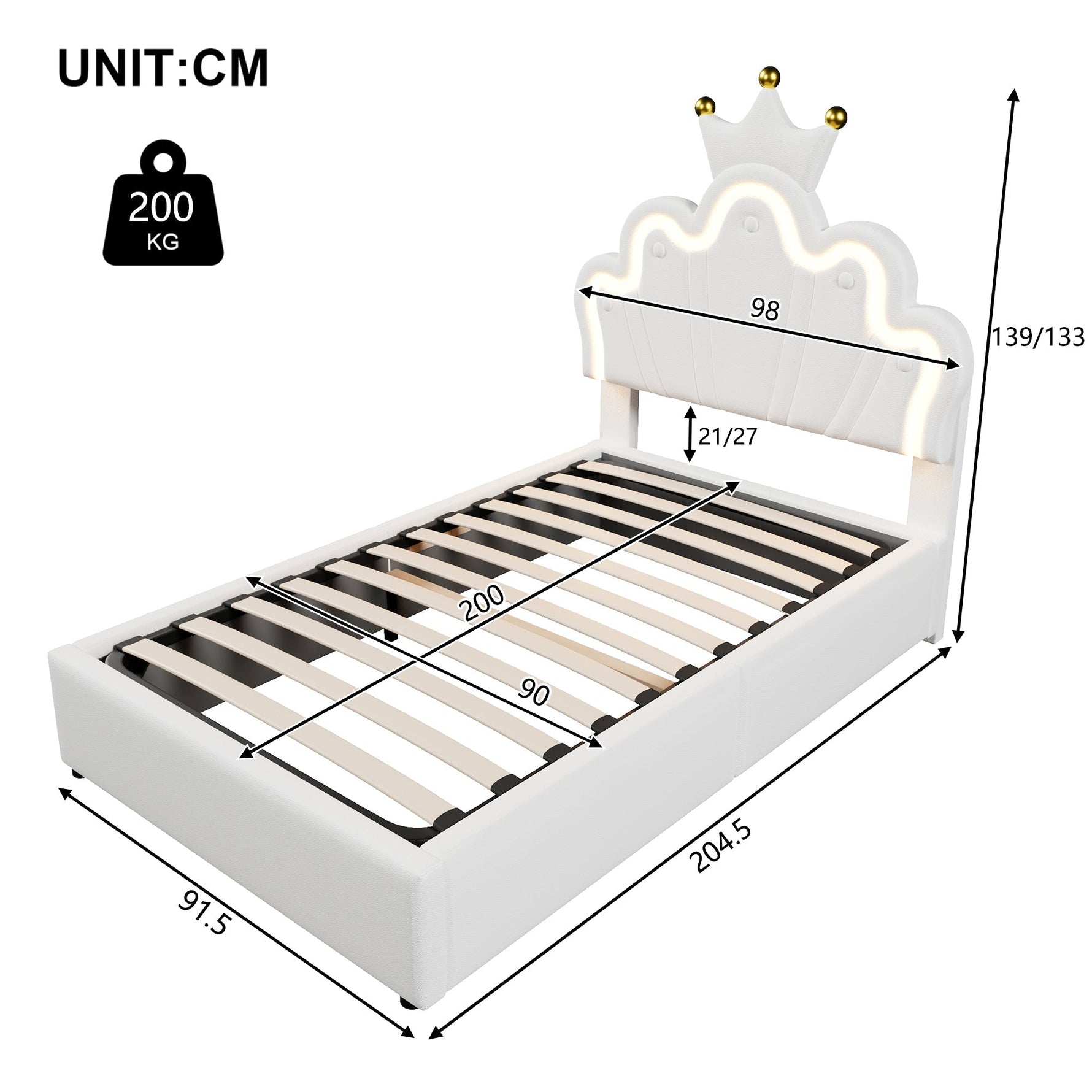 Upholstered Bed 90x200cm Hydraulic Storage LED Crown Adjustable Headboard - PU White