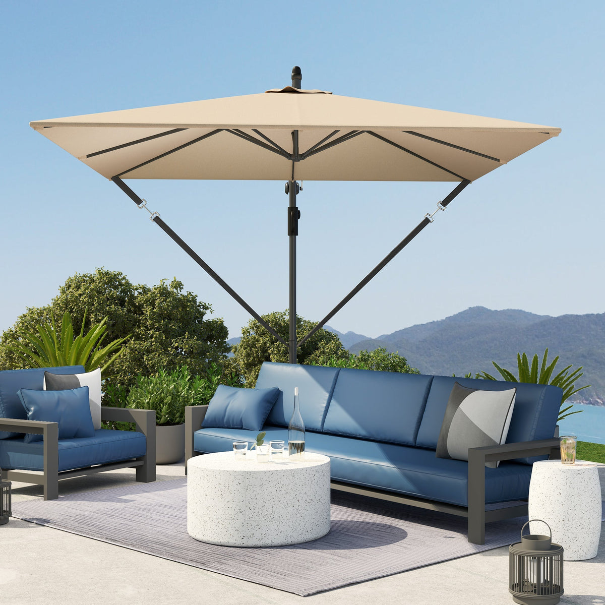 Cantilever Parasol Ø260 cm UV 50+ Water-Repellent Tiltable with Crank & Stand, Khaki