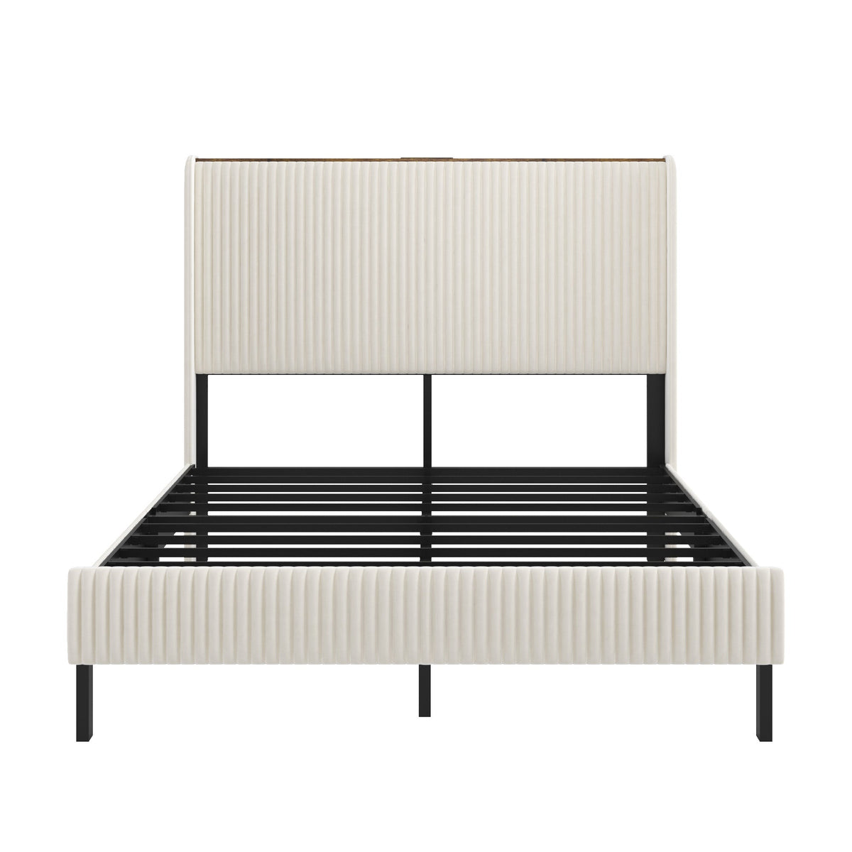 Bed Frame 140x200 Upholstered Platform Wing Edge Design Metal Slats Fabric Headboard