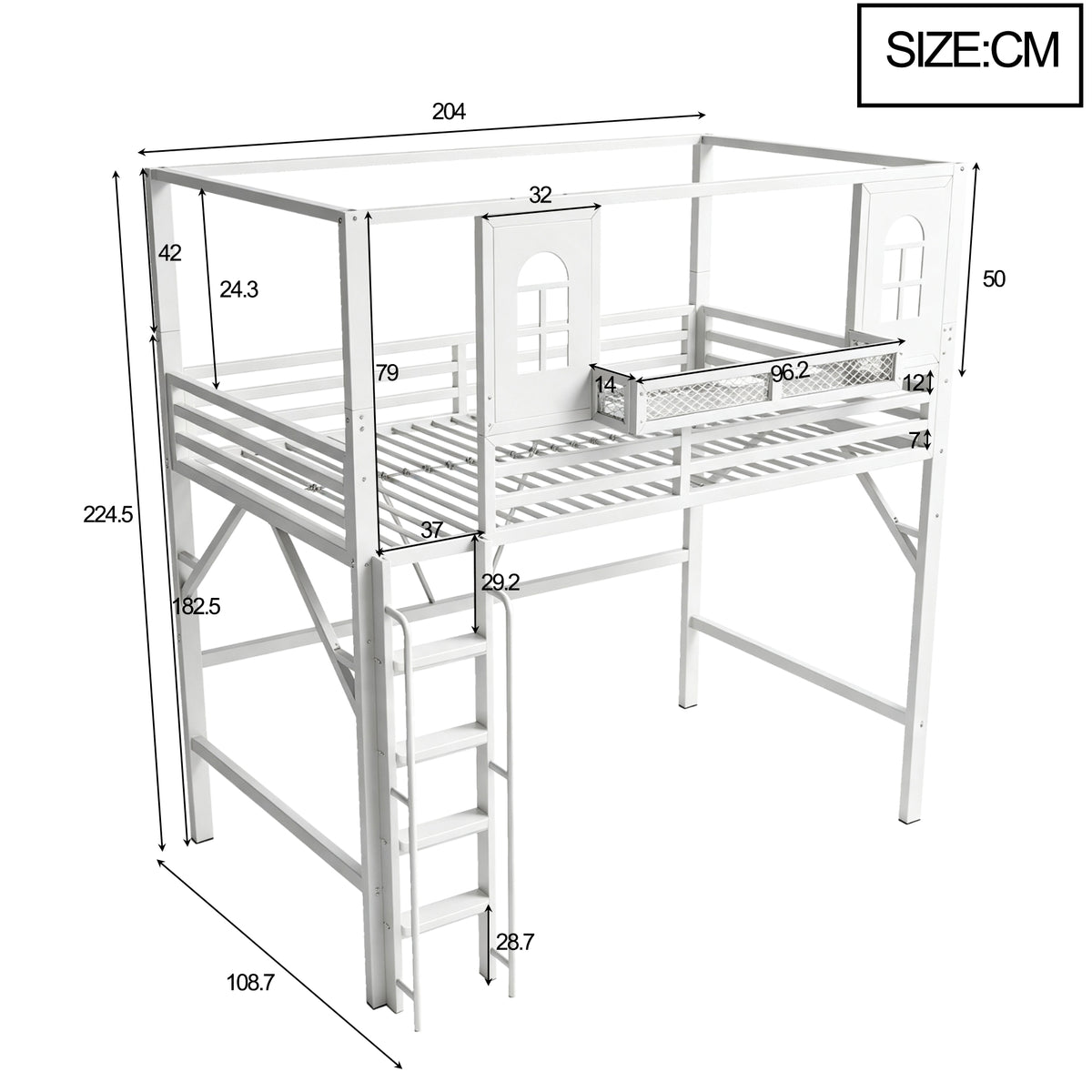 Children's Loft Bed 90x200 cm with Roof Design, White Metal