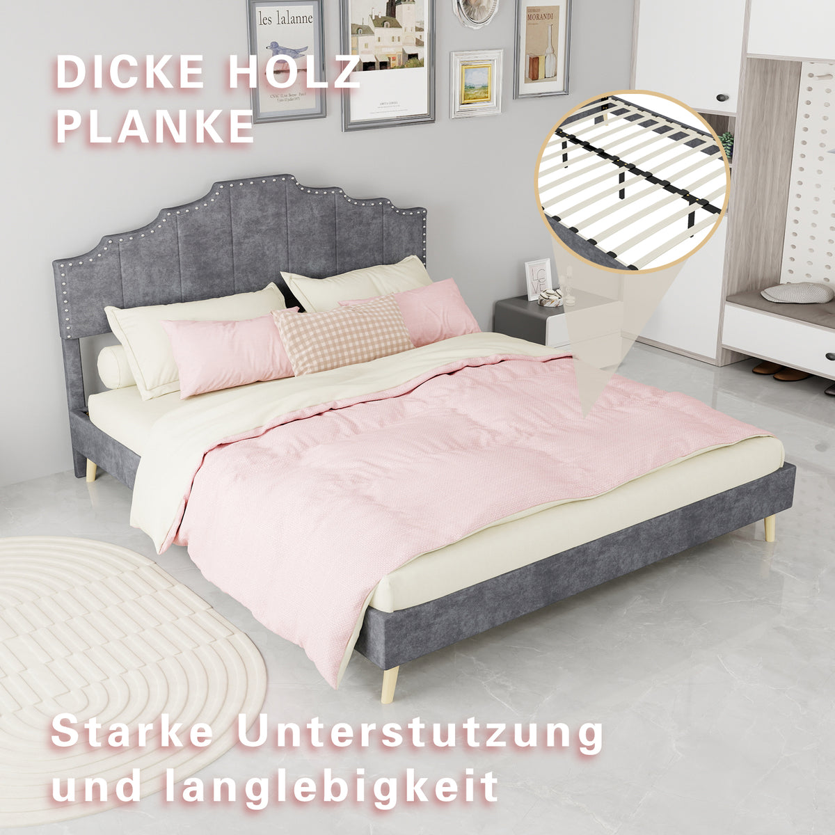 Modern Minimalist Soft Bed 160x200cm with Mattress, Gray