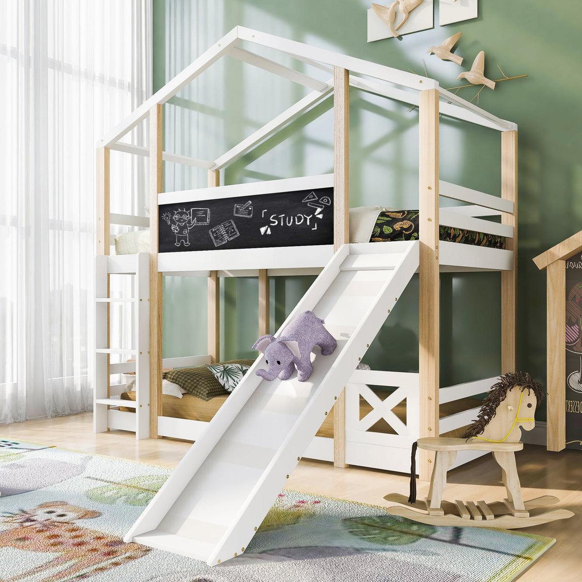 Children's Bed Tree House, Loft Bed with Slide & Ladder, 90x200cm, Natural & White