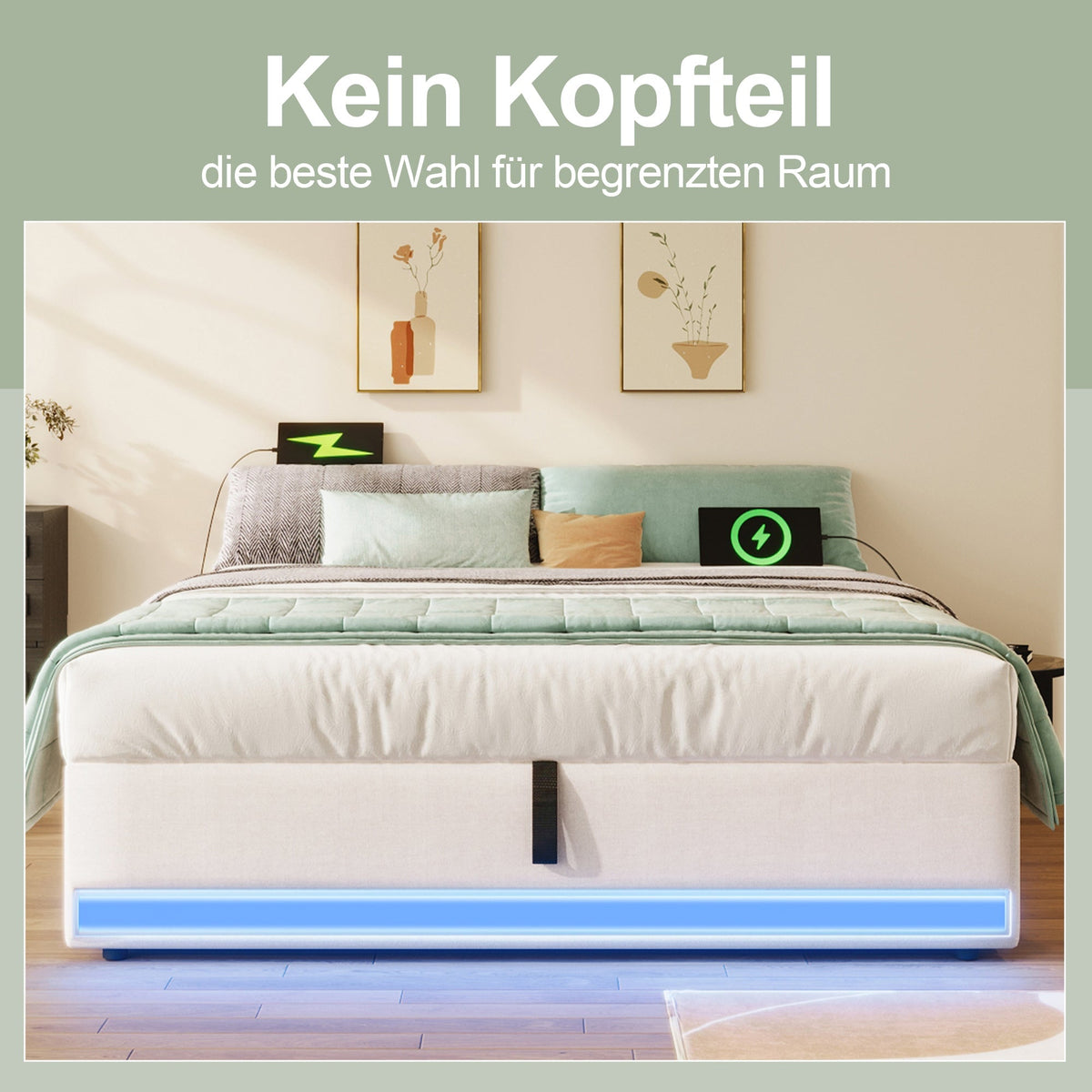 Upholstered Bed 140x200cm Hydraulic Storage LED USB/Type-C Pockets - Beige
