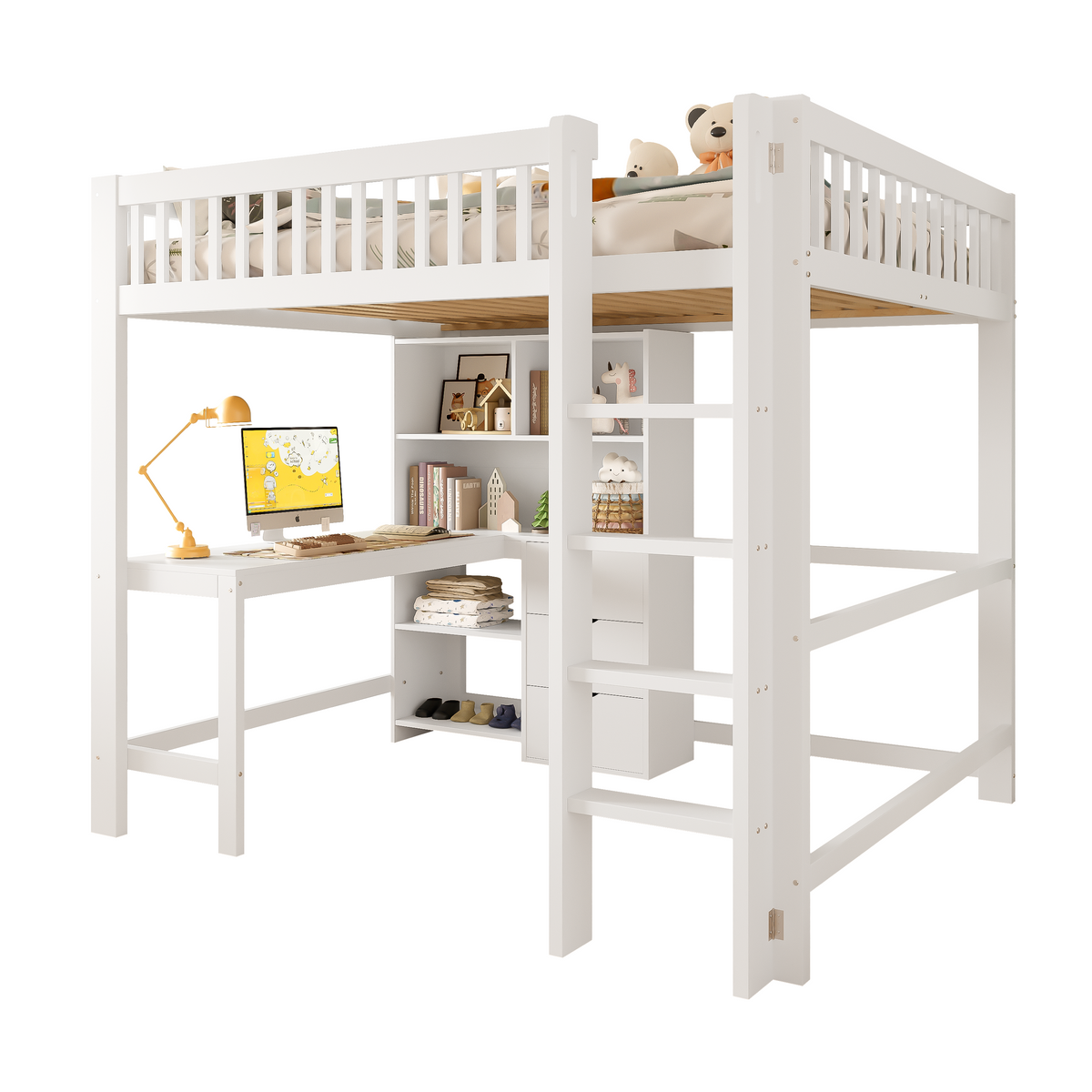 Loft Bed 140x200cm Storage Ladder Desk 3 Drawers, White