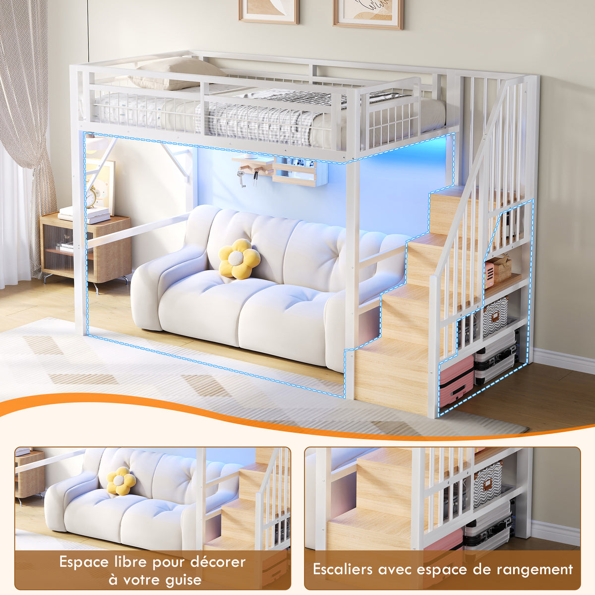 Loft Bed 90x200cm with LED & Storage Staircase - White Iron Frame