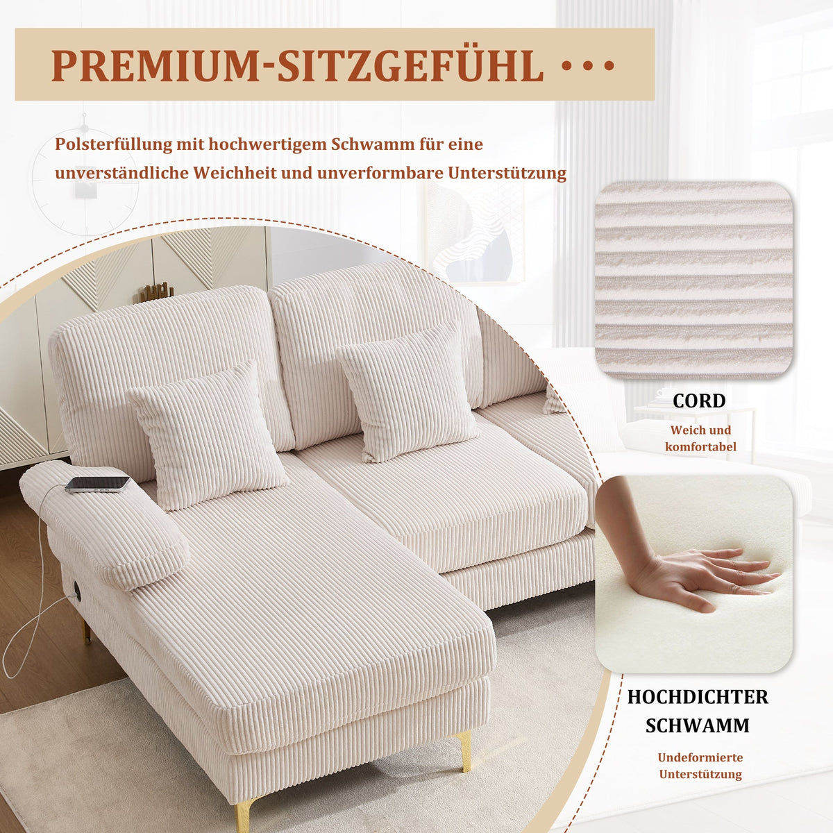 U-shaped Sofa, LED Ambient Lighting, USB-C Port, Solid Wood Frame, Beige