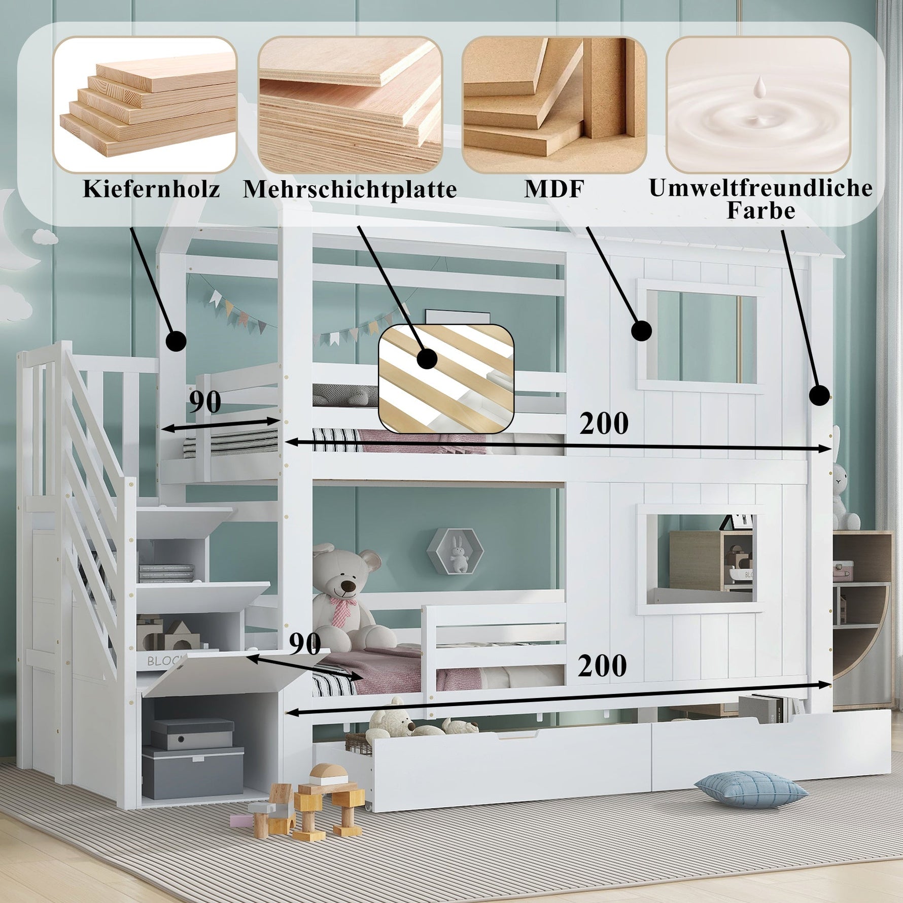 Bunk Bed with Stair Wardrobe, Storage, Window/Roof, 90x200cm, Pine/MDF/Plywood White