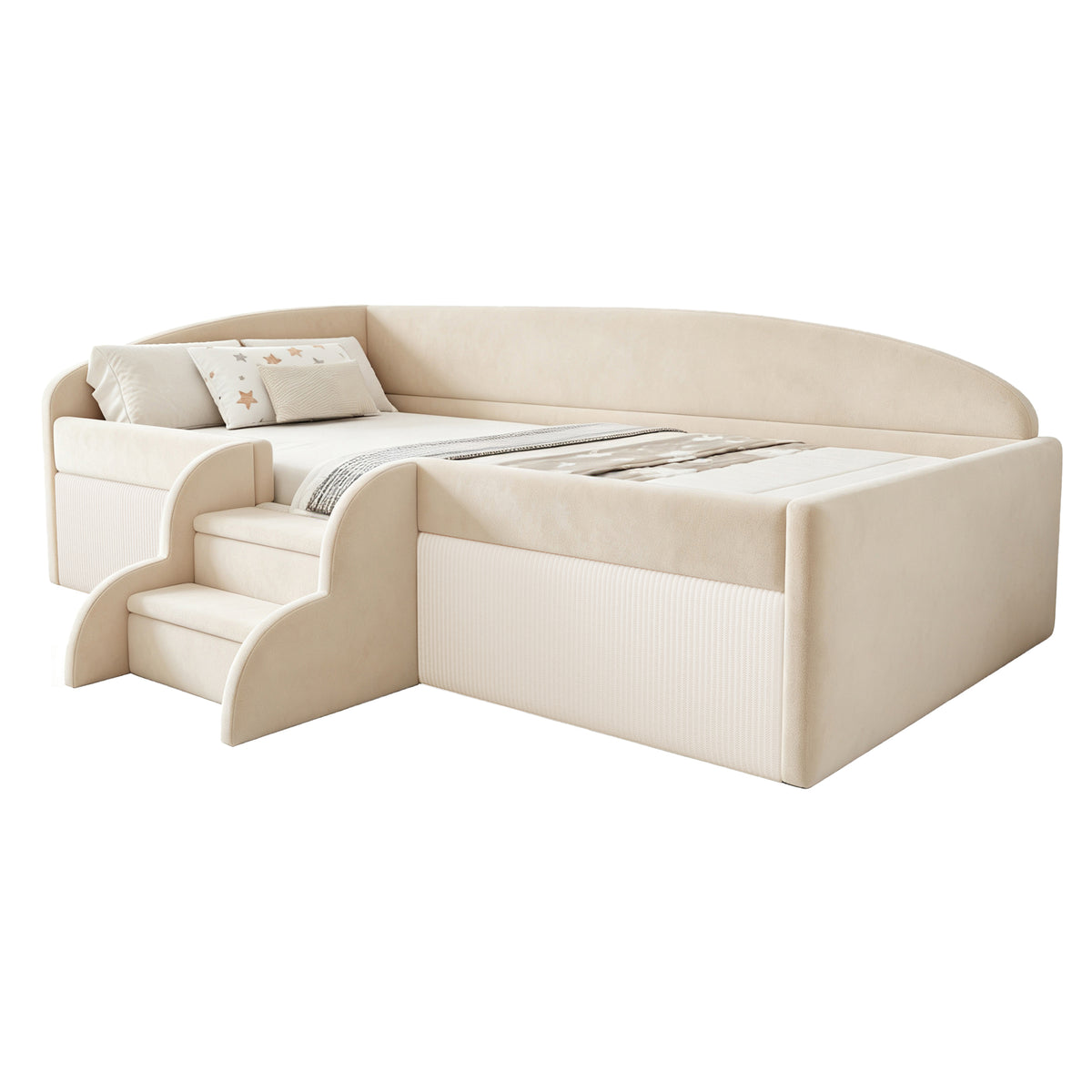Children's Upholstered Bed 90x190cm with Steps, Beige Velvet