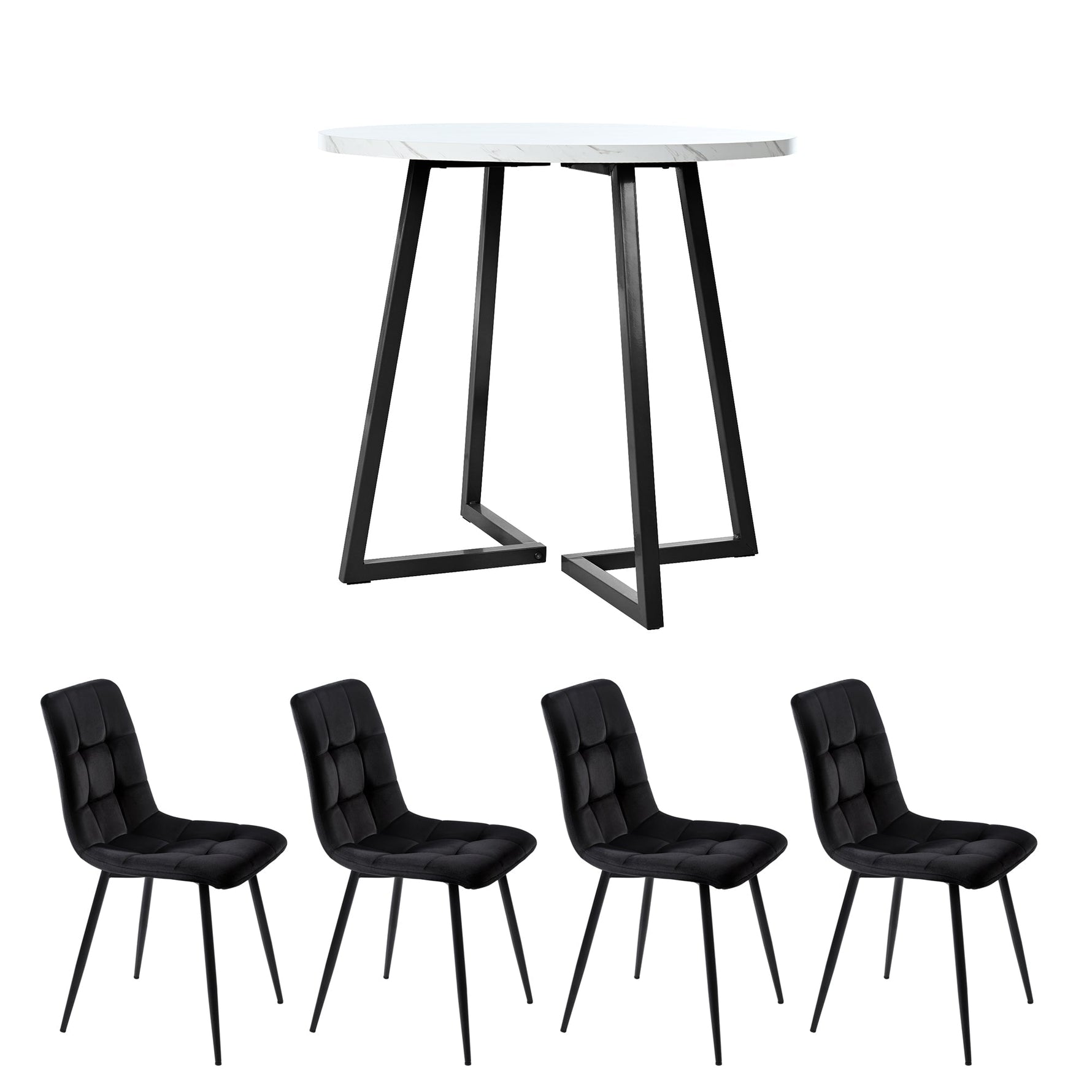 Dining Set 5-Piece Round Table Black Metal White MDF Black Velvet