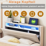 Upholstered Bed 140x200 cm with USB & LED Light, Reversible Headboard, Linen Fabric Beige