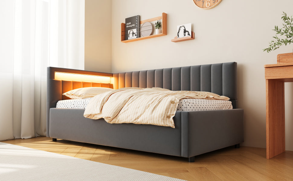 Upholstered Sofa Bed with LED Lighting and Hydraulic Storage, Velvet Beige/Gray