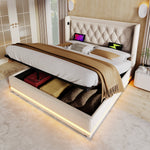 Upholstered Bed, 140x200cm Hydraulic Storage, USB-C Charging, LED, Beige Cotton