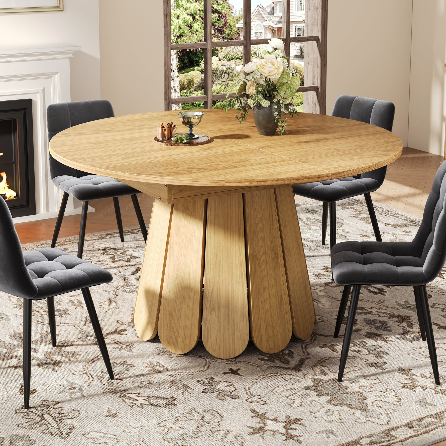 Extendable Round Dining Table 118-158cm Extends to Oval 6 Seater - Wood Color