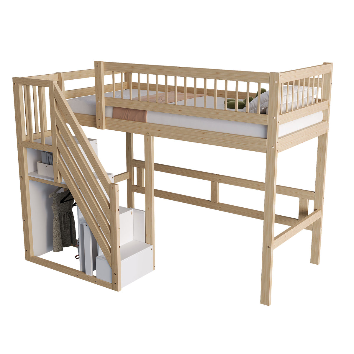 Solid Wood Bed 90x200 with Storage Stairs - Wood Color