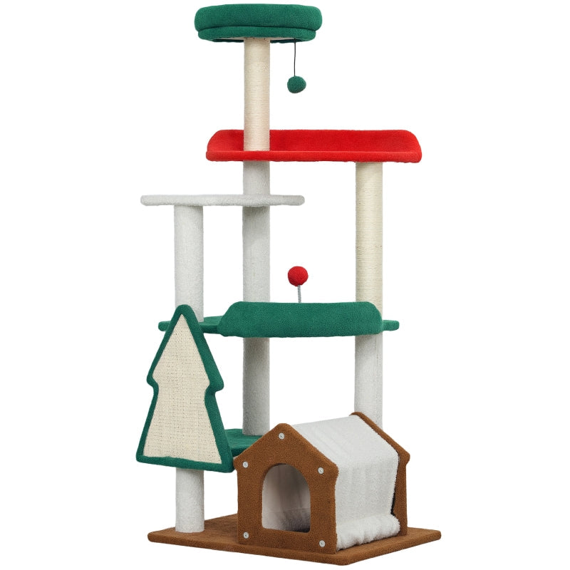 Christmas Cat Tree, 135cm with Bed, House, Scratching Posts, Toy Balls, Multi-color