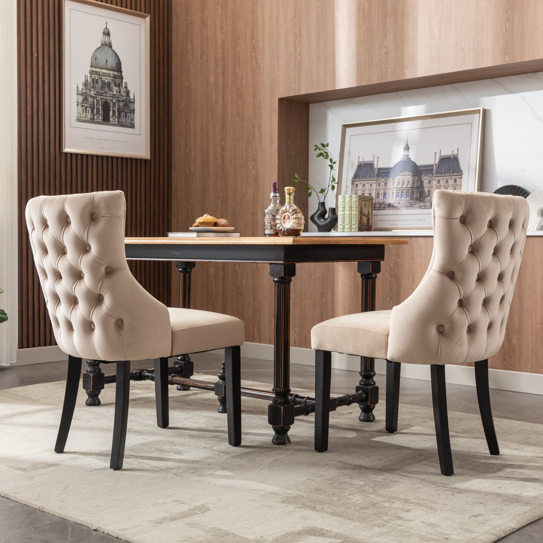Dining Chair Set of 2 Button Tufting Solid Wood Frame Beige Velvet