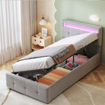 Upholstered Children's Bed, 90x200 cm with LED, Hydraulic Storage, Adjustable Headboard, Velvet Grey
