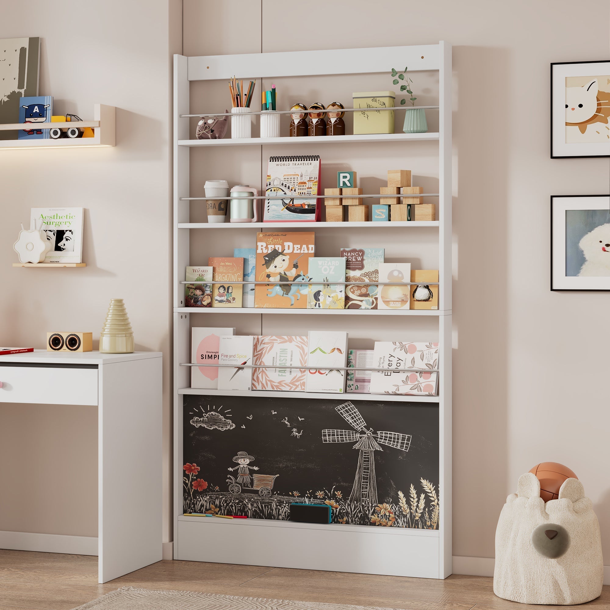 Children's Book Shelf 4-Tier Storage Display Paintable Blackboard Anti-Tip White