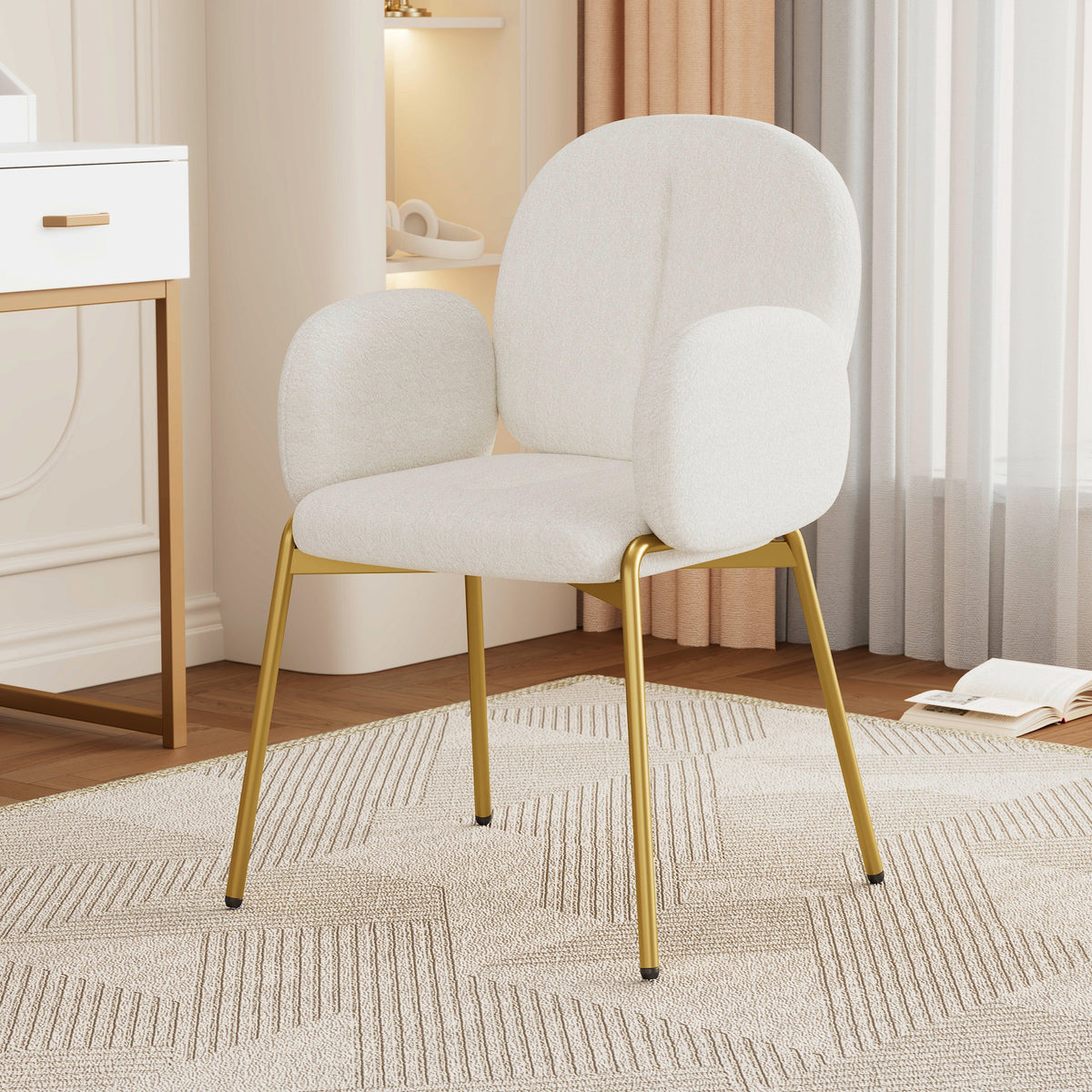Dining Chairs and Lounge Chairs with Gold Legs, Set of 2, Beige Teddy