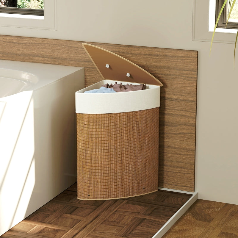 Bamboo Laundry Basket, 55 L, Corner, Removable Bag, Brown