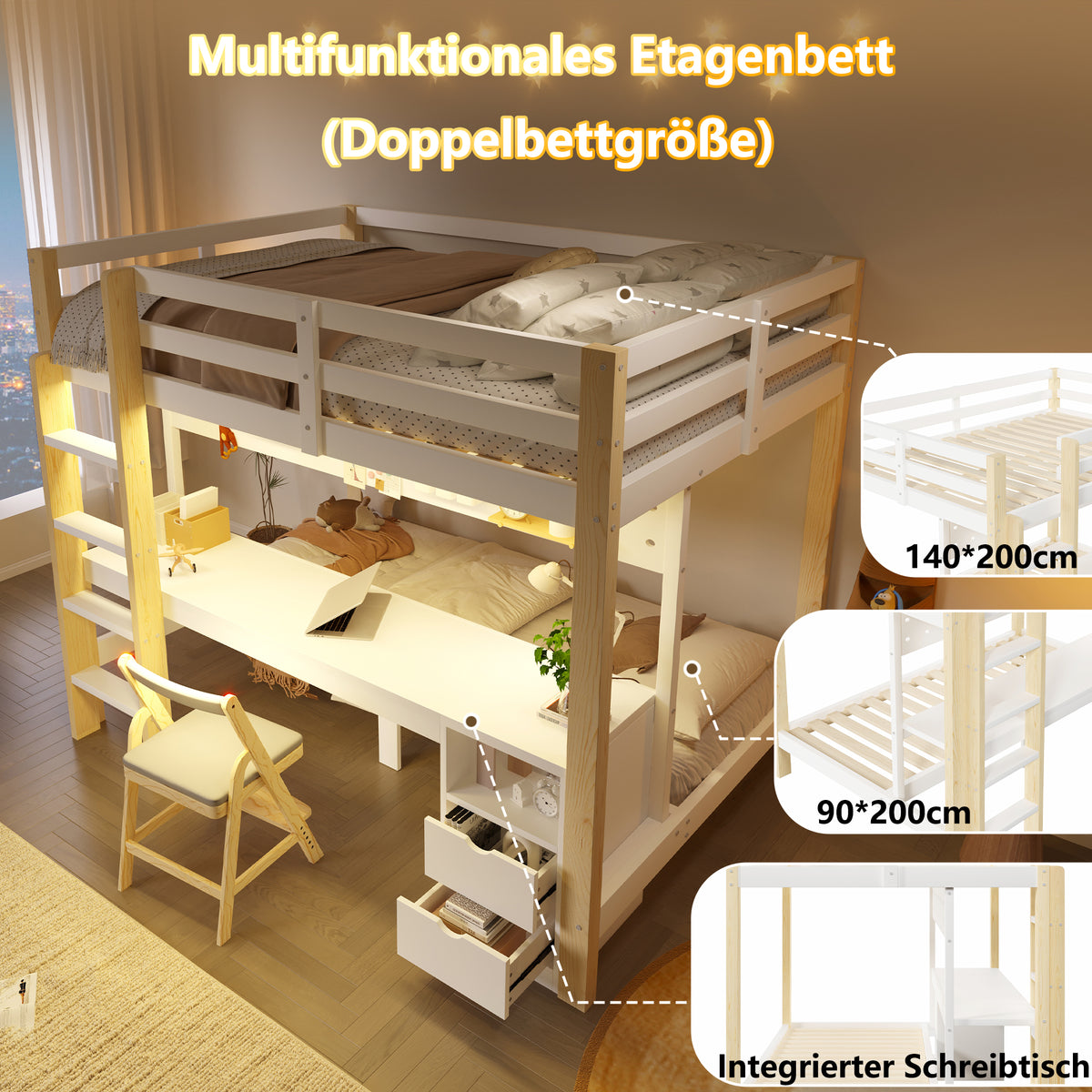 Loft Bed 90x200/140x200 cm with Desk & Drawers, Pine Wood