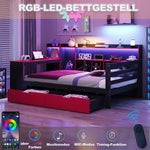Multifunctional Wooden Sofa Bed with Desk, Bookshelf, Lighting and Sockets, 90x200cm, Black and Red Wood