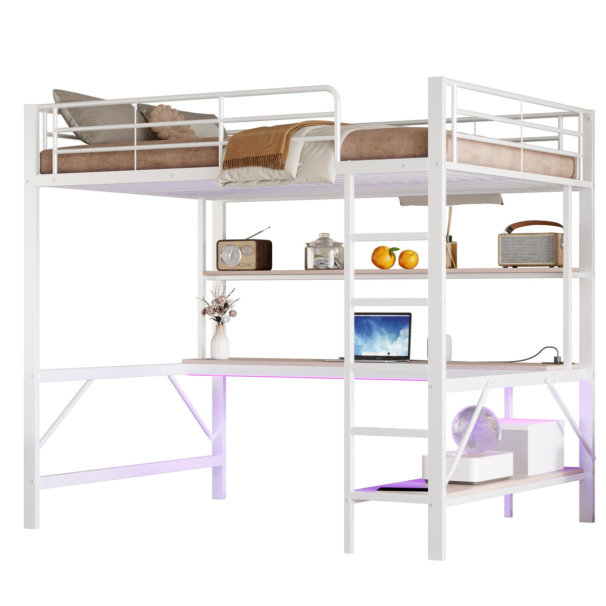 Loft Bed 140x200cm Desk Shelf LED USB/Power Outlet - White Metal