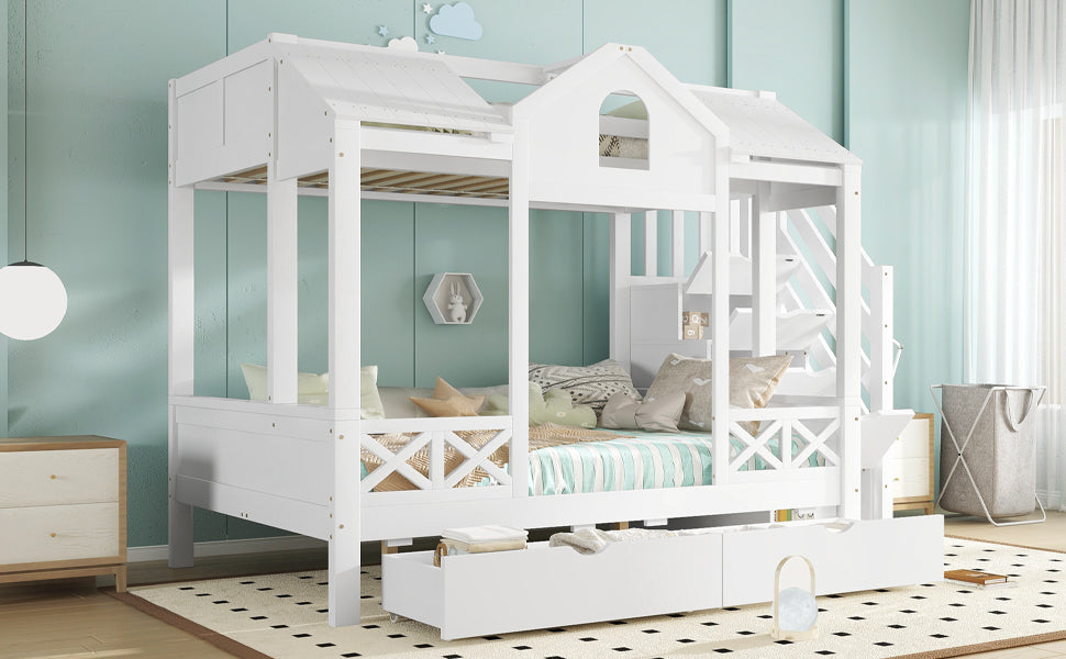 Bunk Bed with Windows Roof Stair Storage Drawers 90/140x200cm White Pine