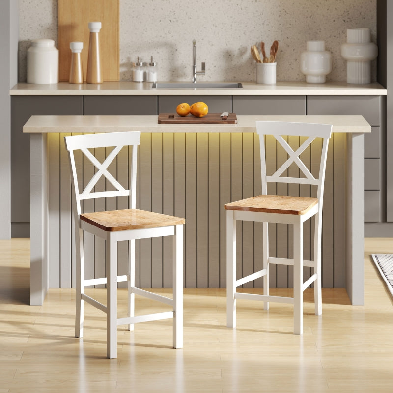 Bar Stools, Set of 2 with Backrest and Footrest, Rubberwood, Oak+White