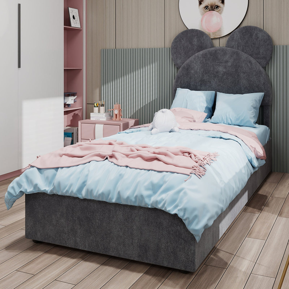Upholstered Bed, Minimalist with Cartoon Headboard, 90x200 cm, Grey
