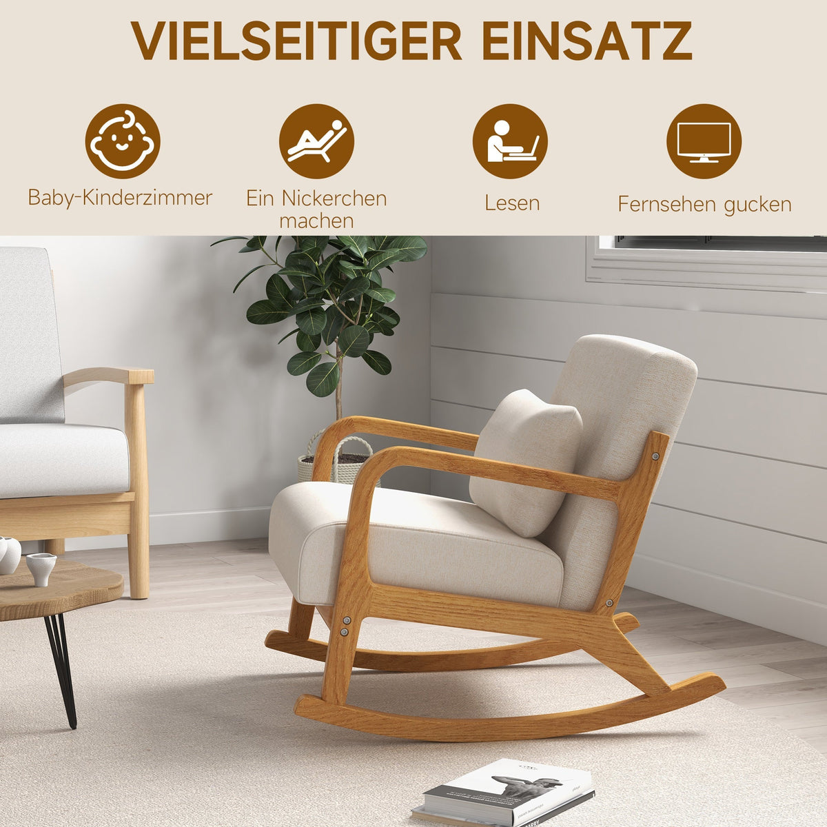 Rocking Chair, Padded Wooden Frame Armrest Relaxing, Cream