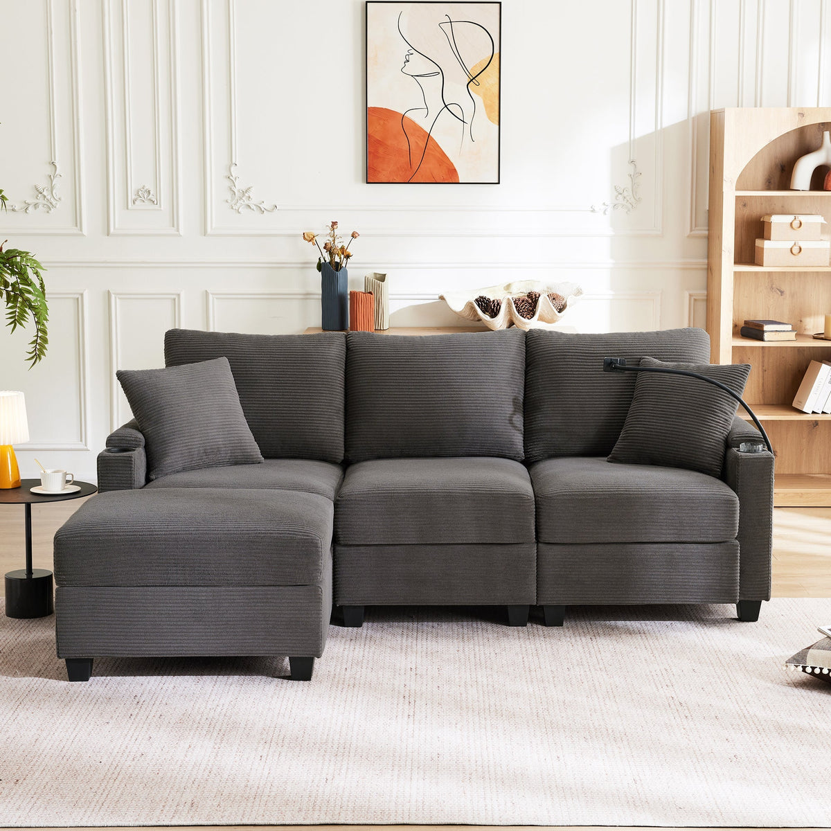 L-shaped Corner Sofa, Convertible 3-Seater with Footstool, Cup Holder, USB Charger, Armrest Storage, Dark Gray