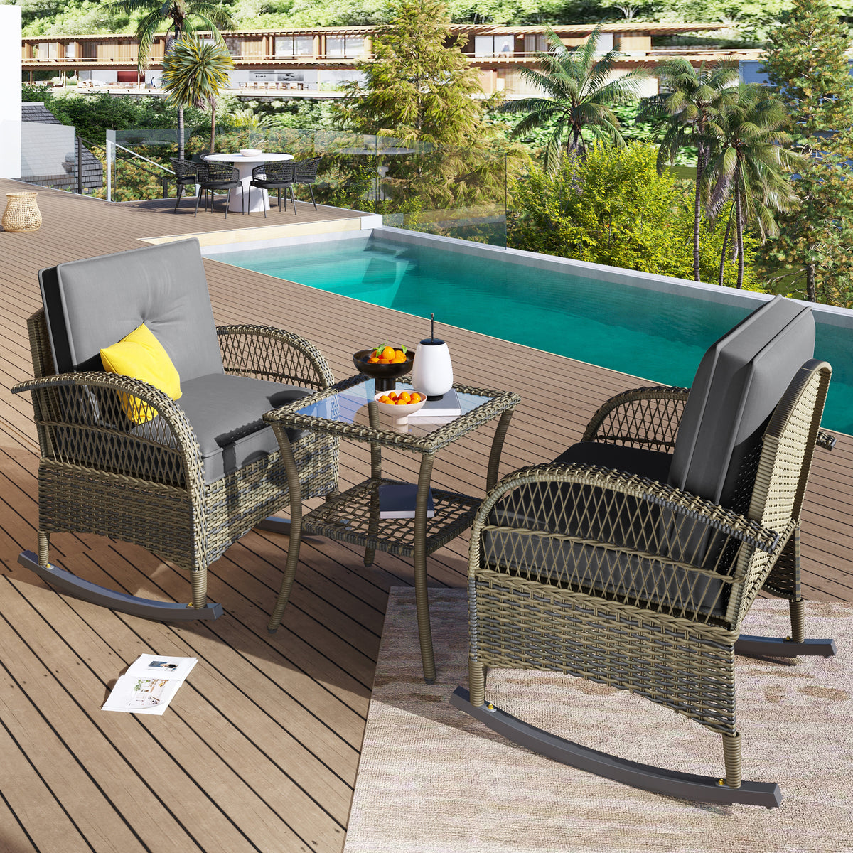 3-Piece Balcony Furniture Set with Cushions, Grey Rattan