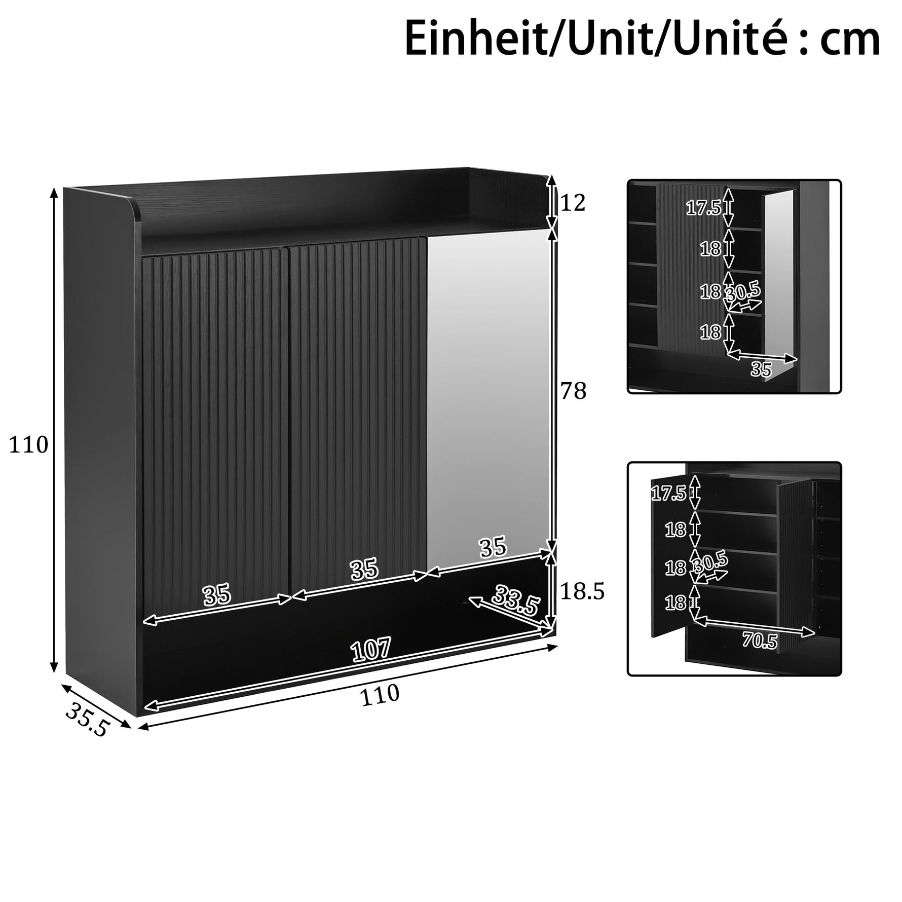 Shoe Cabinet with Full-Length Mirror and Multi-Tier Large Capacity, Black