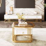 Stackable Coffee Table: High-Gloss Marble, Tea-Brown Glass, Gold Accents, Two-Piece Set