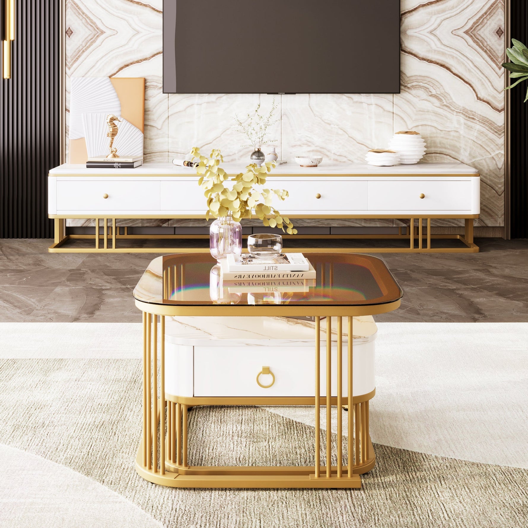 Stackable Coffee Table: High-Gloss Marble, Tea-Brown Glass, Gold Accents, Two-Piece Set