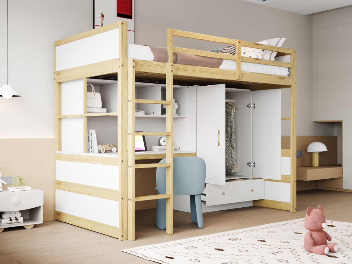 Loft Bed, 90x200cm with Ladder, Desk, Wardrobe & Drawers, Wood Color