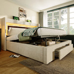 Upholstered Bed 180x200cm Hydraulic Storage LED USB/USB-C Headboard with Compartment Beige Linen