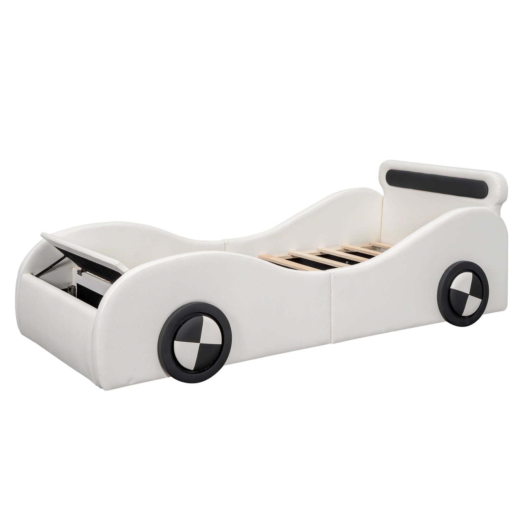 Car Shaped Upholstered Bed with Light-up Wheels and Storage, White PU