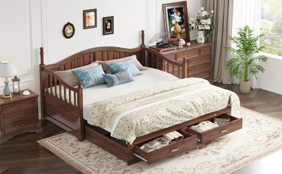 Sofa Bed, Pull-Out 90/180*190cm with Drawers & Slatted Frame, Solid Pinewood Walnut