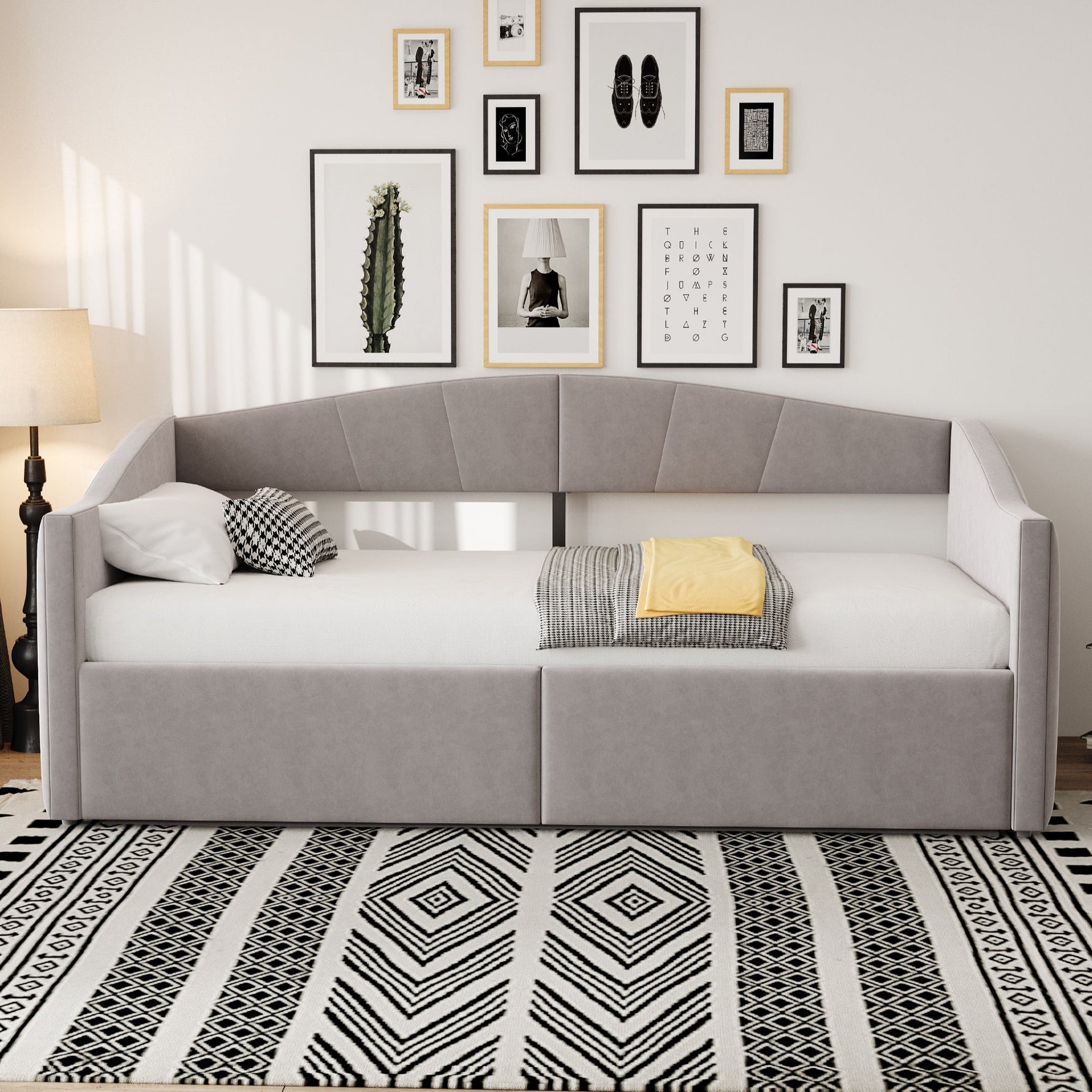 Upholstered Sofa Bed 90x200cm Hydraulic Storage Multifunctional Striped with Armrests Velvet Light Grey