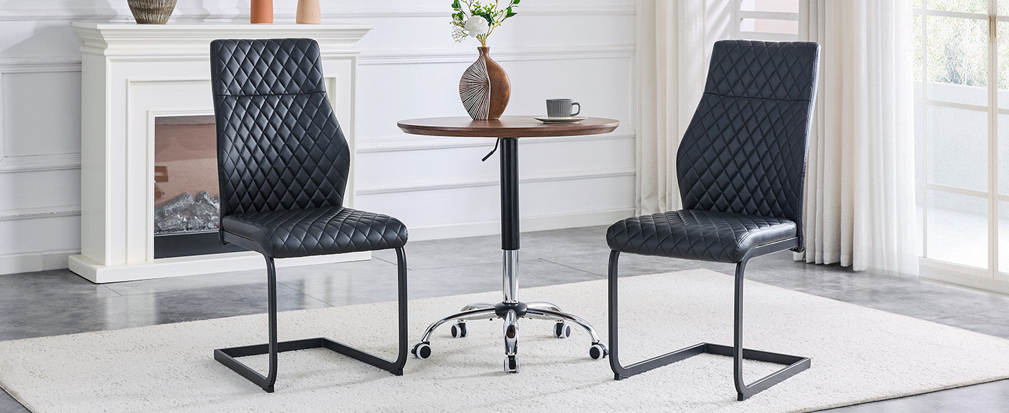 Dining Chair Set of 2 with High Backrest and Diamond Pattern, Black Metal Frame and PU Leather