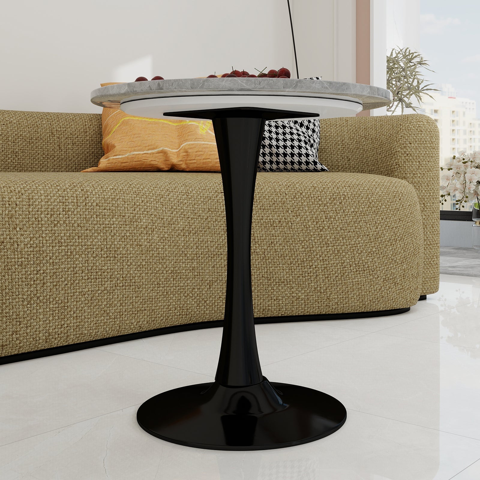 Coffee Table Mid-Century Modern Round Marble Top 27.6-inch - Black
