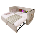 Upholstered Daybed Sofa Bed 90x190cm Pull-Out USB/Type-C Charger, Beige Linen Blend